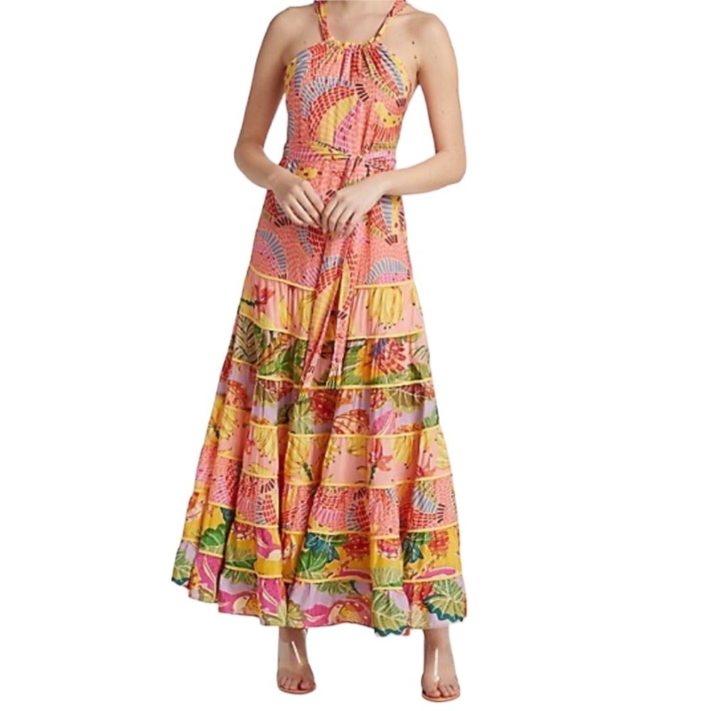 FARM Rio Mixed Print Tiered Maxi Dress Halter Criss-Cross Tie in Back Back Zip